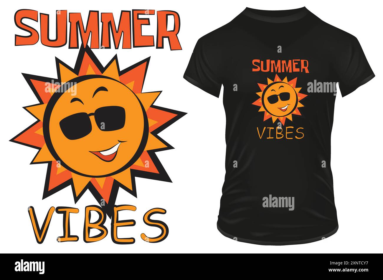 Lustige Sonnentrickfilm in Sonnenbrille mit einem Zitat Sommer-Vibes. Vektorillustration für T-Shirt, Website, ClipArt, Poster und Print-on-Demand-Waren. Stock Vektor