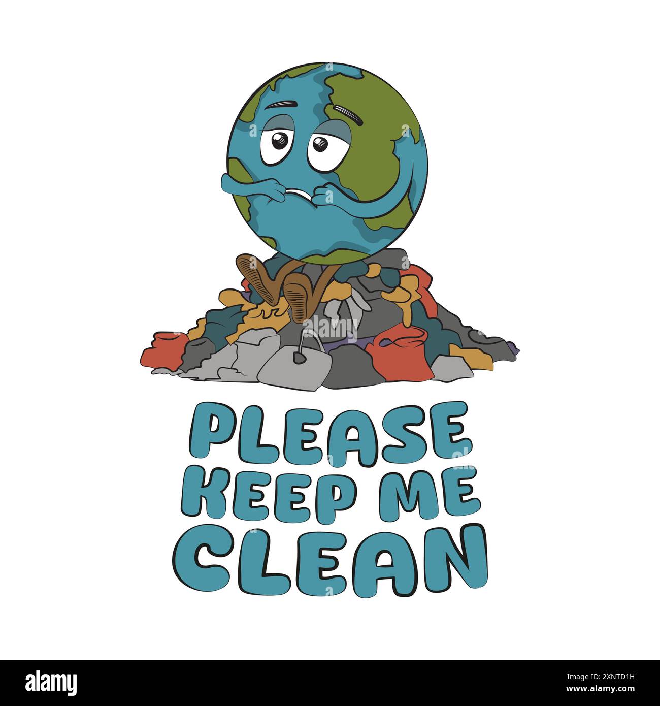 Zitat Bitte halten Sie mich sauber. Tag Der Erde. Rettet den Planeten. Traurige Erdkugel, die auf einem Müllhaufen sitzt. Luft-, Wasser- und Bodenverschmutzung. Vektorabbildung cl Stock Vektor