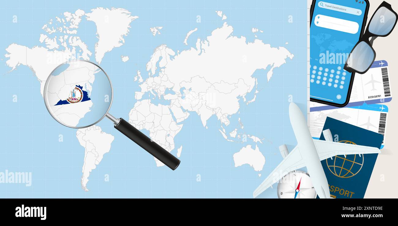 Virginia wird über einer Weltkarte mit Illustration mit Flugzeug, Reisepass, Bordkarte, Kompass und Brille vergrößert. Vektorabbildung. Stock Vektor