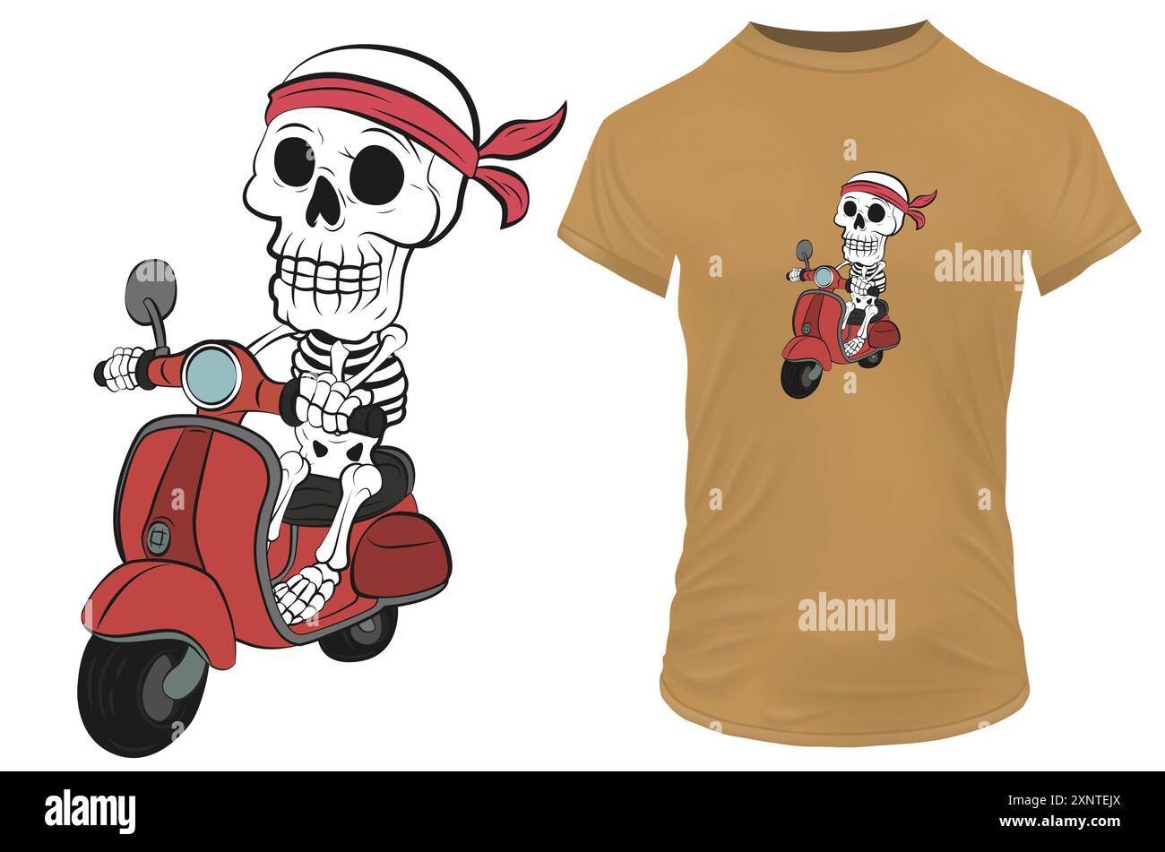 Lustiger Skelett-Cartoon in Bandana, der auf einem roten Roller mit einem Zitat Ghost Rider reitet. Vektor-Illustration für T-Shirt Print on Demand Merch Stock Vektor