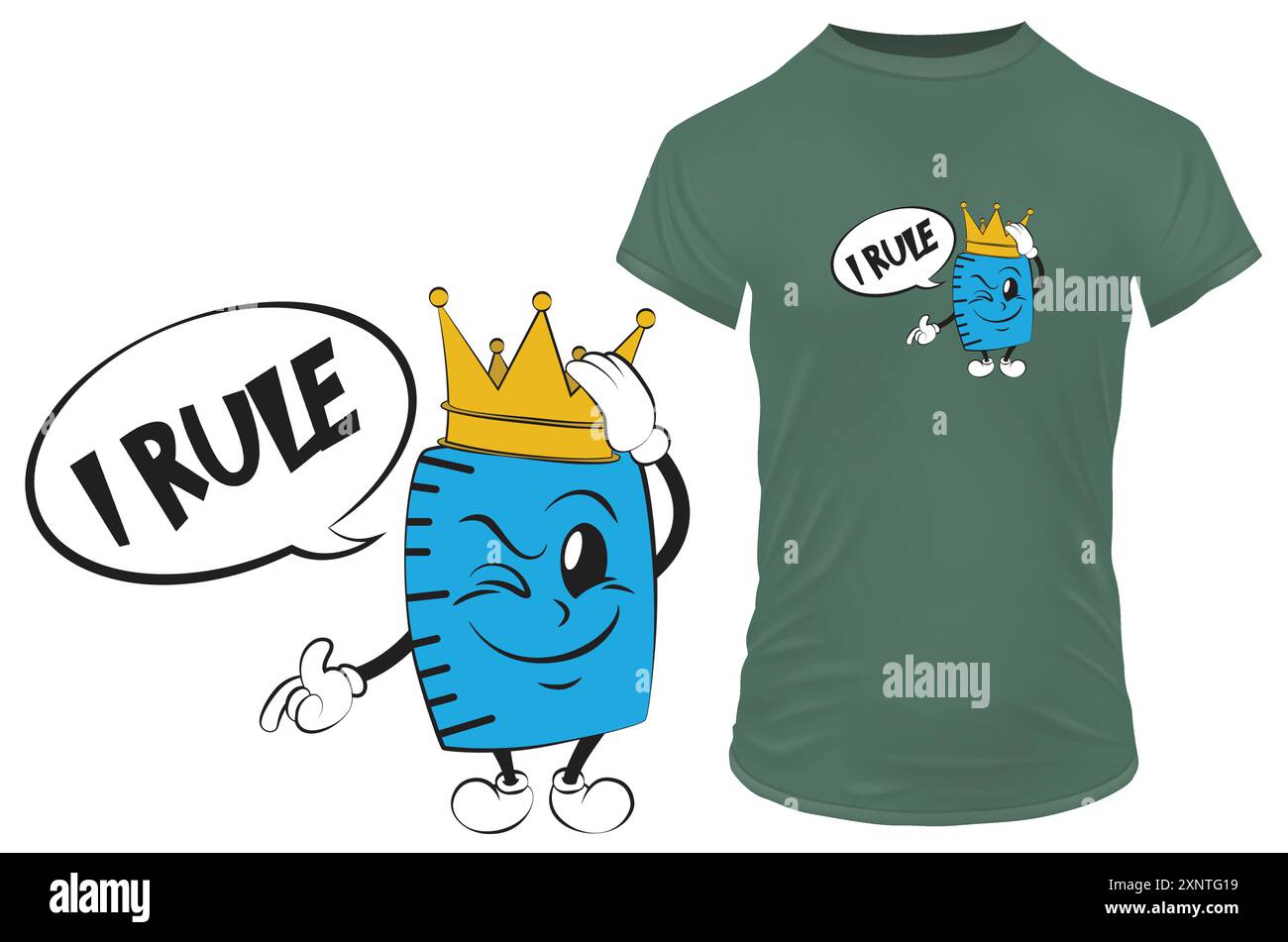 Niedlicher, lustiger Lineal-Cartoon mit einer Krone und einem Zitat, das ich regiere. Vektorillustration für T-Shirt, Website, Druck, Clip Art, Poster und kundenspezifischen Druck auf Anfrage Stock Vektor