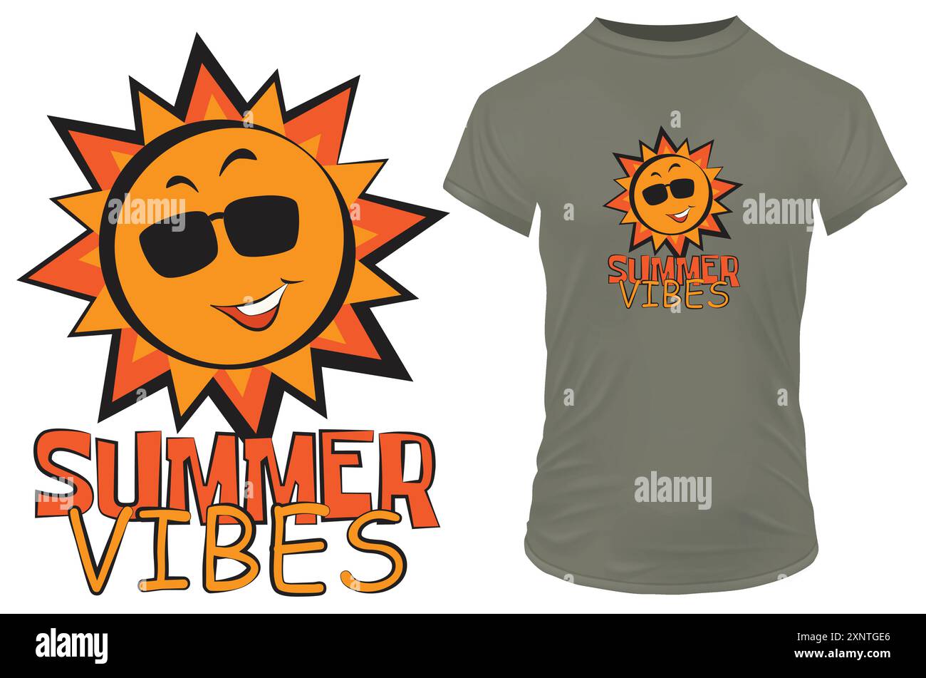 Lustige Sonnentrickfilm in Sonnenbrille mit einem Zitat Sommer-Vibes. Vektorillustration für T-Shirt, Website, ClipArt, Poster und Print-on-Demand-Waren. Stock Vektor