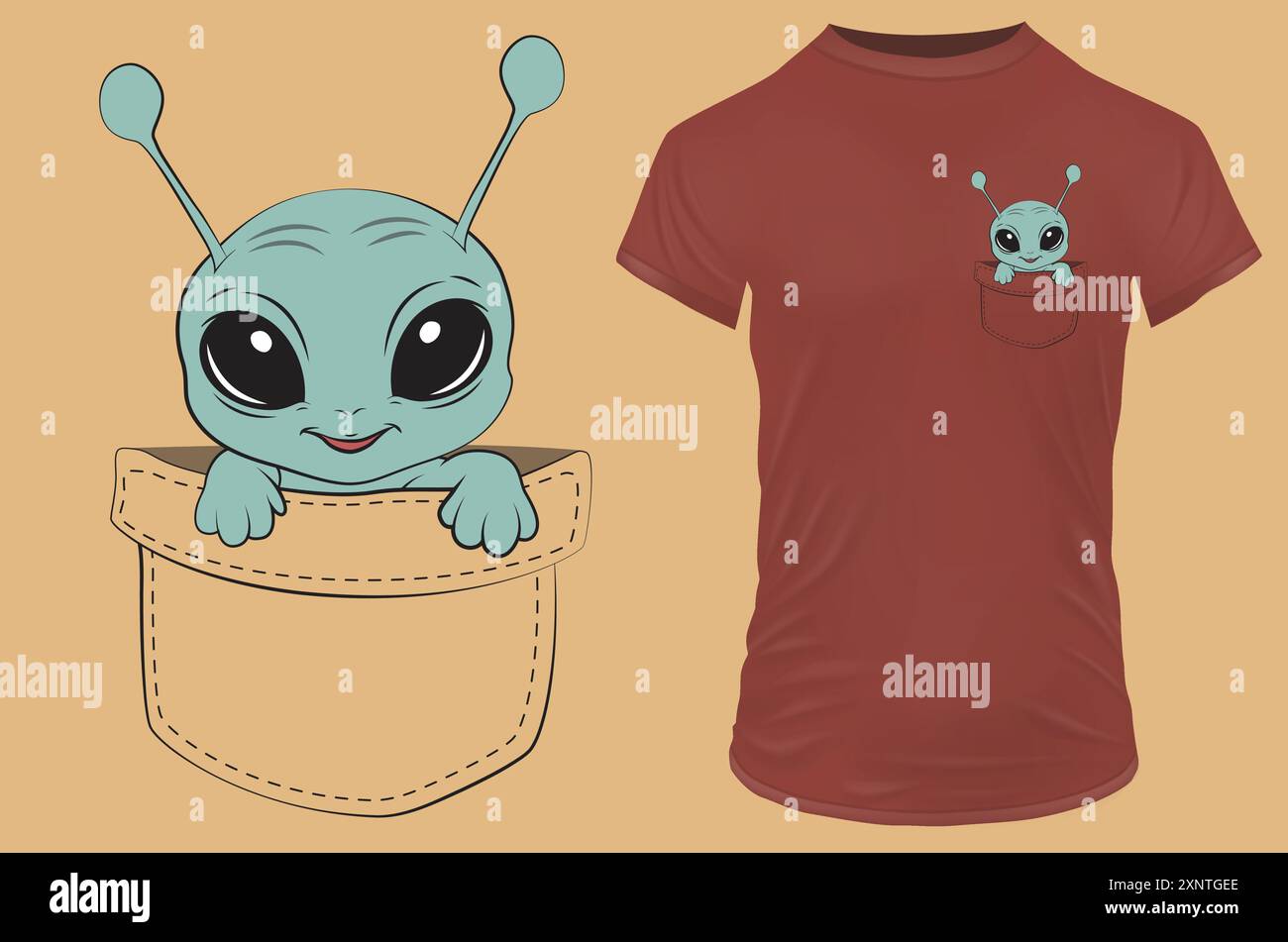 Niedlicher kleiner Alien in der Tasche. Vektorillustration für T-Shirt, Website, Druck, ClipArt, Poster und Print-on-Demand-Waren. Stock Vektor