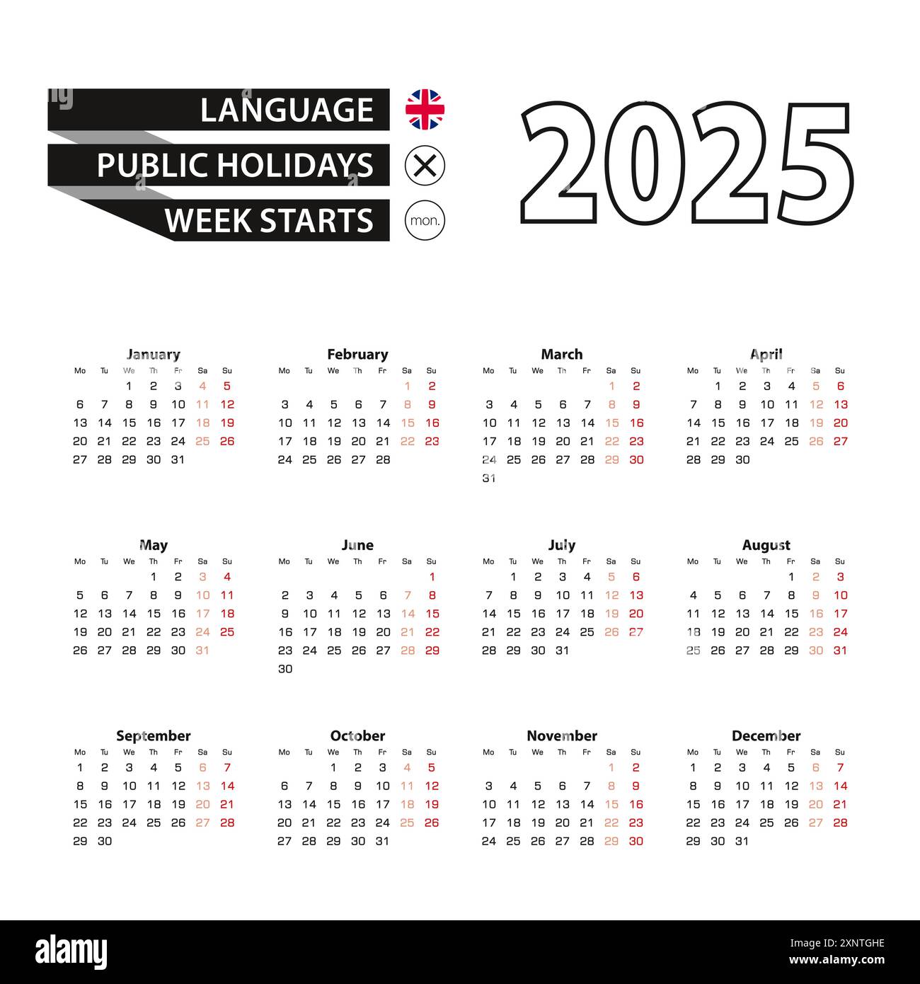 Kalender 2025 in englischer Sprache, die Woche beginnt am Montag. Vektorkalender 2025 Jahre. Stock Vektor