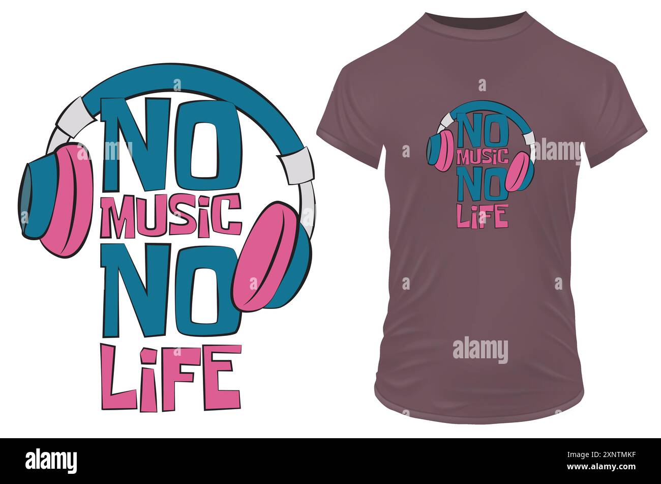 Keine Musik, kein Leben. Kopfhörer mit einem Angebot. Vektorillustration für T-Shirt, Website, ClipArt, Poster und Print-on-Demand-Waren. Stock Vektor