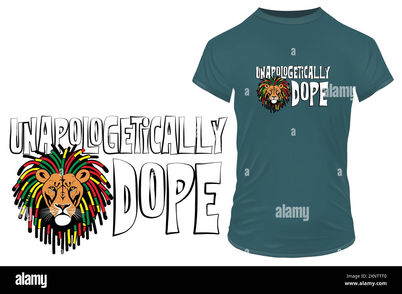 Ein cooler Rastafarier-Löwe mit bunten Dreadlocks mit einem lustigen, inspirierenden Zitat, das unentschuldigend Dope ist. Vektorillustration für T-Shirt, Stock Vektor