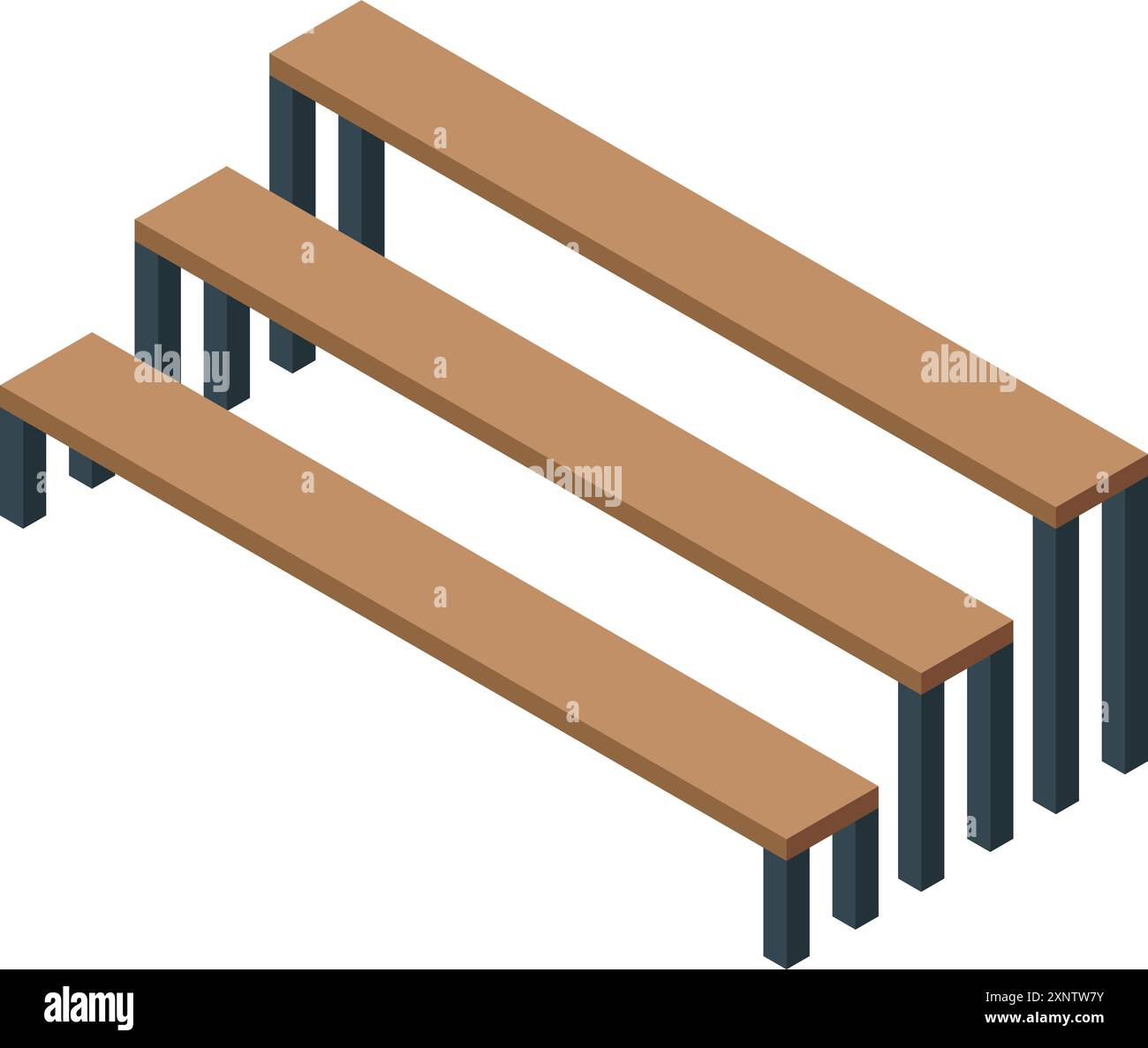 Minimalistisches Bild von drei leeren Holzbänken, die nebeneinander stehen, perfekt für jedes Design, das eine einfache und dennoch effektive Darstellung öffentlicher Sitzplätze erfordert Stock Vektor