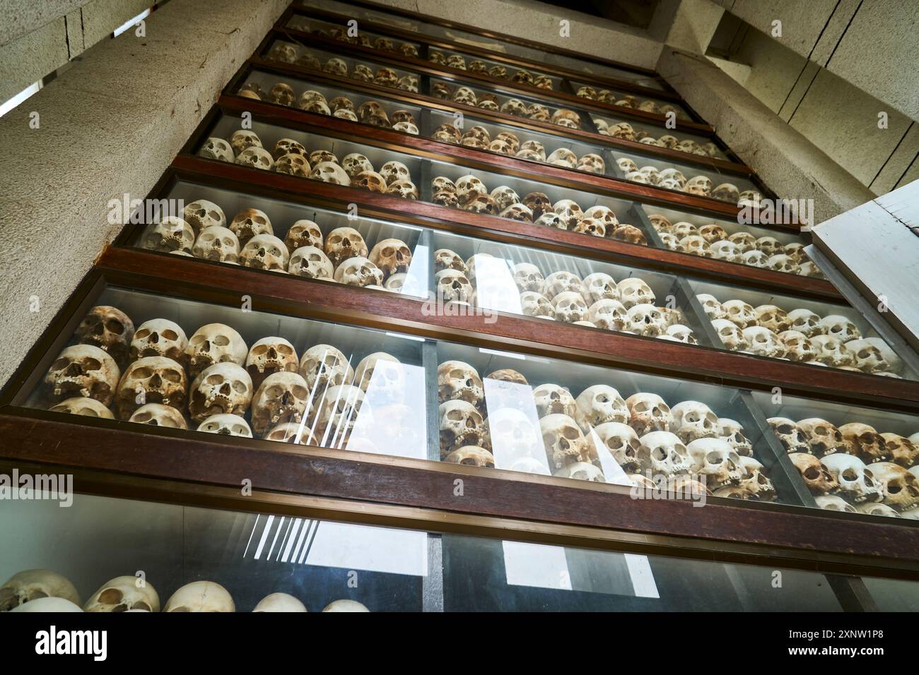 Reihen menschlicher Schädel zeigen die düsteren Erinnerungen an die kambodschanische Geschichte in einer Gedenkstätte in Phnom Penh. Stockfoto