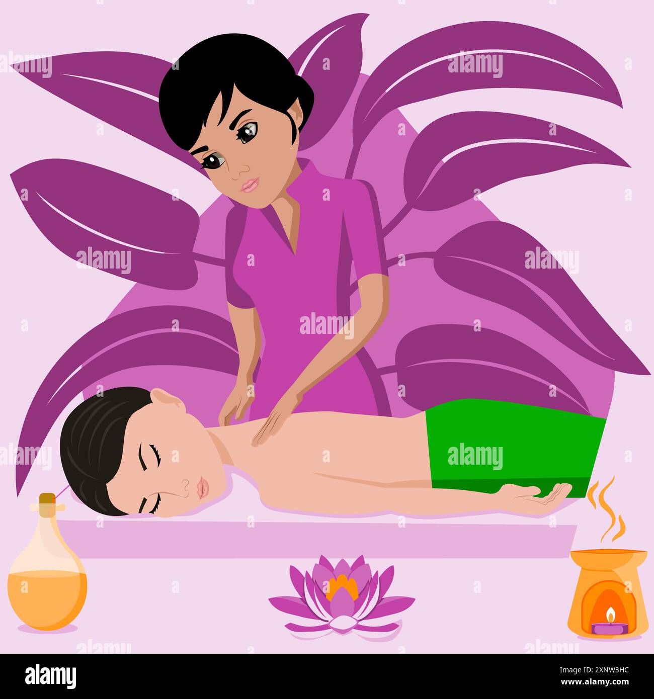 Schwedische Massage mit professioneller Massagetherapeutin im Spa. Indische und asiatische ethnische Zugehörigkeit. Abbildung isolierter flacher Vektor. Stock Vektor