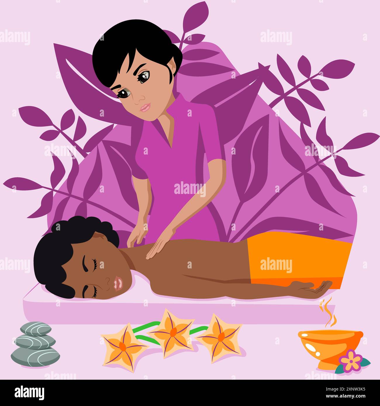 Schwedische Massage mit professioneller Massagetherapeutin im Spa. Indische und afrikanische ethnische Zugehörigkeit. Abbildung isolierter flacher Vektor. Stock Vektor