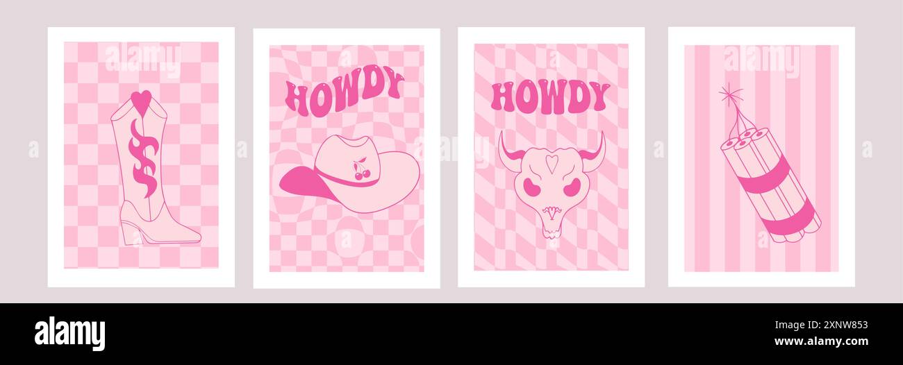 Postkarte oder Poster in rosa Farben mit Cowboyhut, Cowgirl-Howdy-Party. Vektorgrafiken. Stock Vektor