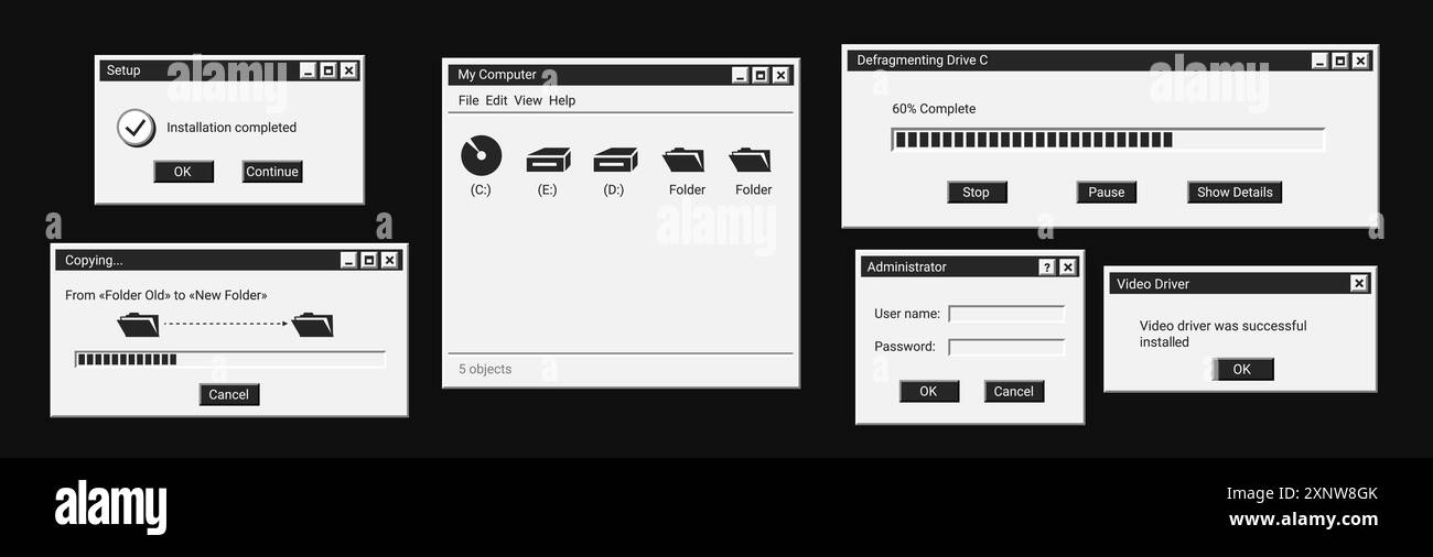 Satz digitaler Nachrichten in schwarzer Form. Alte dunkle Computerfenster. Stock Vektor