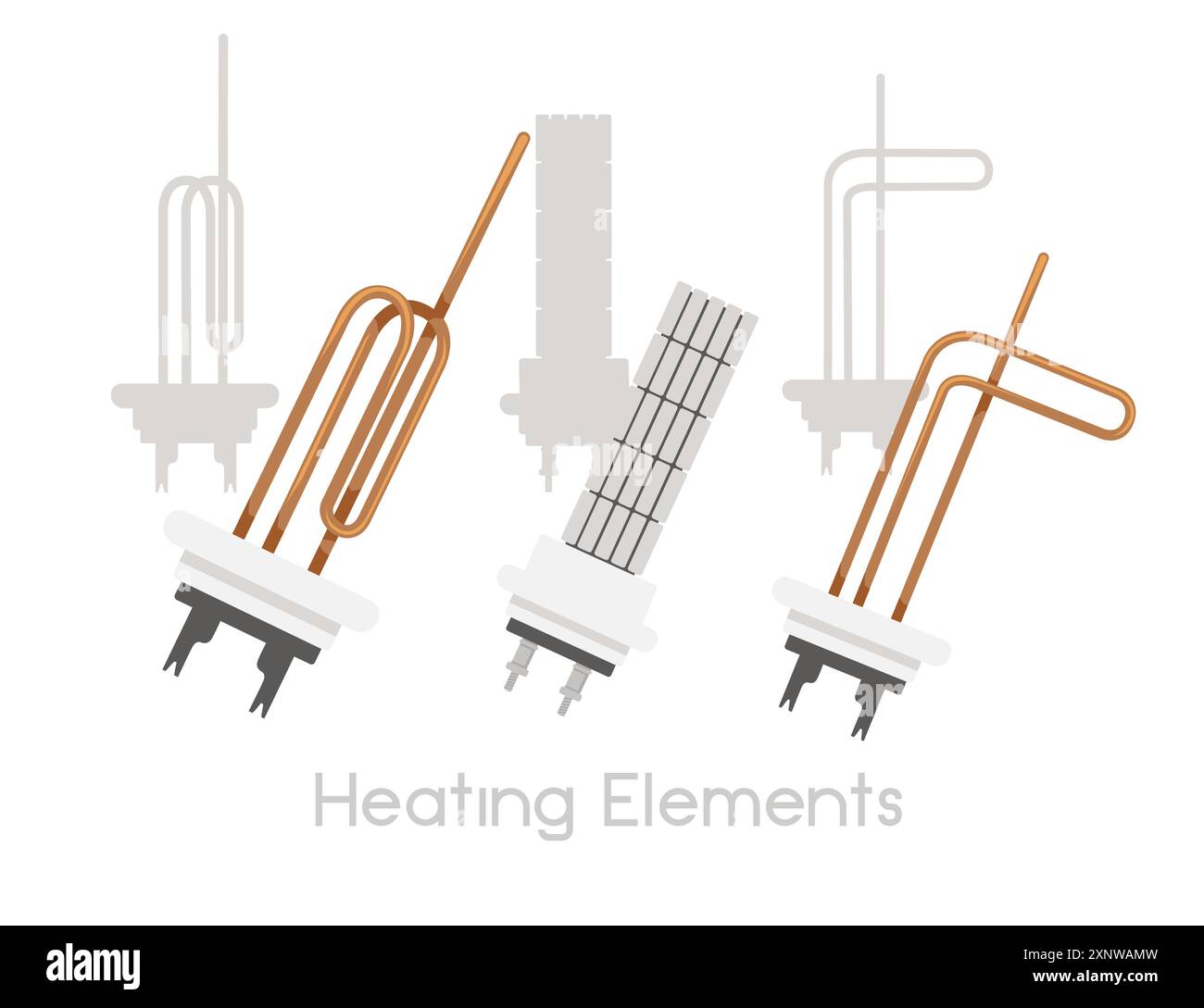 Satz verschiedener Heizelemente für Warmwasserbereiter. Nass- und Trockenheizelement. Gebogenes Kupferrohr. Vektorillustration isoliert auf weißem Hintergrund Stock Vektor