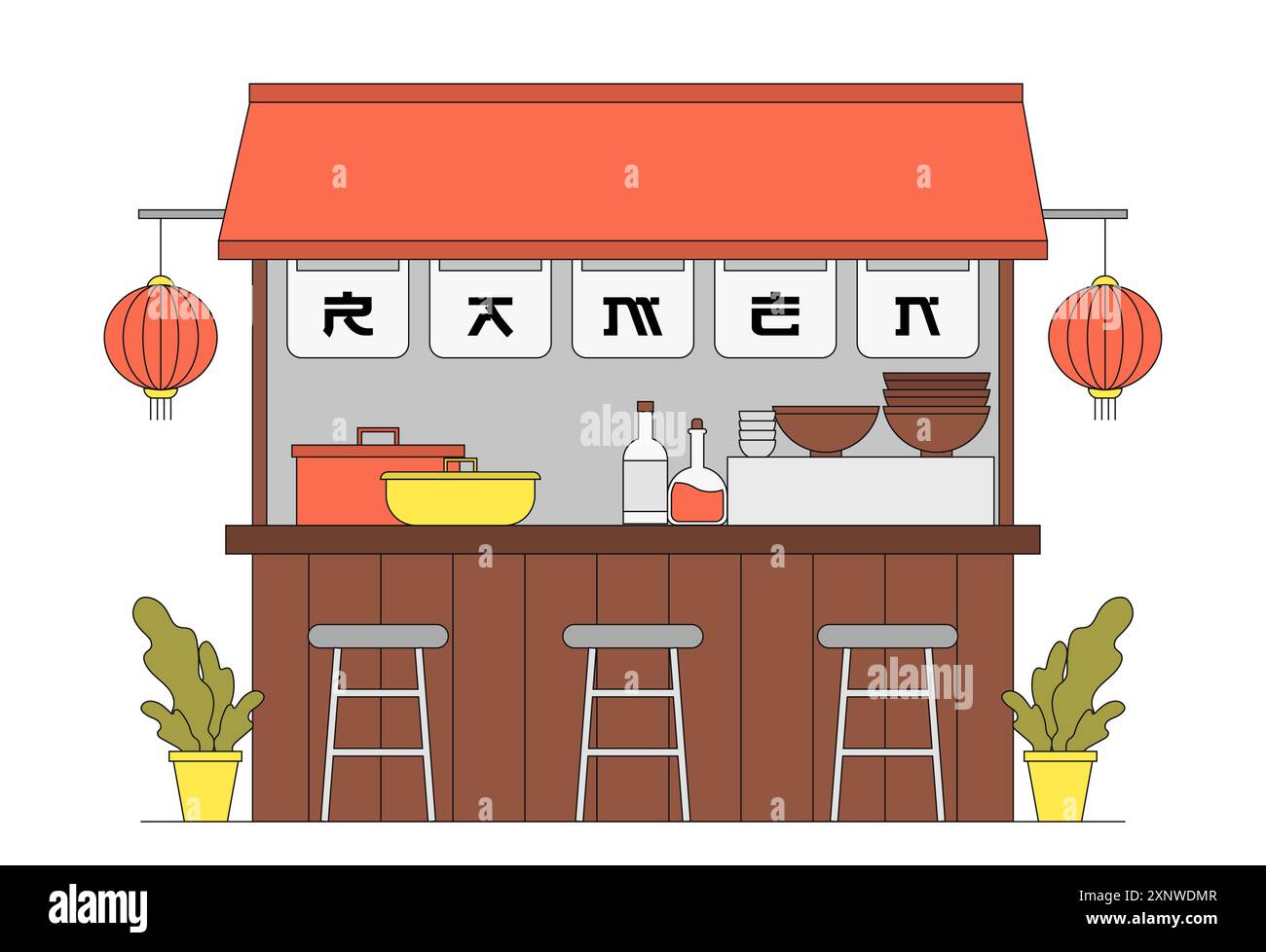 Sushi-Bar-Konzept. Traditionelles japanisches Restaurant oder Café. Asiatische Küche mit Meeresfrüchten. Essen zum Mitnehmen und Fast Food, Catering. Linearer Vektor Stock Vektor