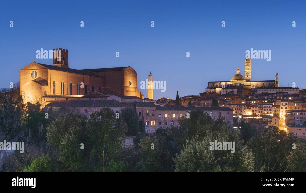 Blaue Stunde über der Skyline von Siena. Von links die Basilika San Domenico, auch bekannt als Basilika Cateriniana, der Turm von Mangia und die Kathedrale Stockfoto