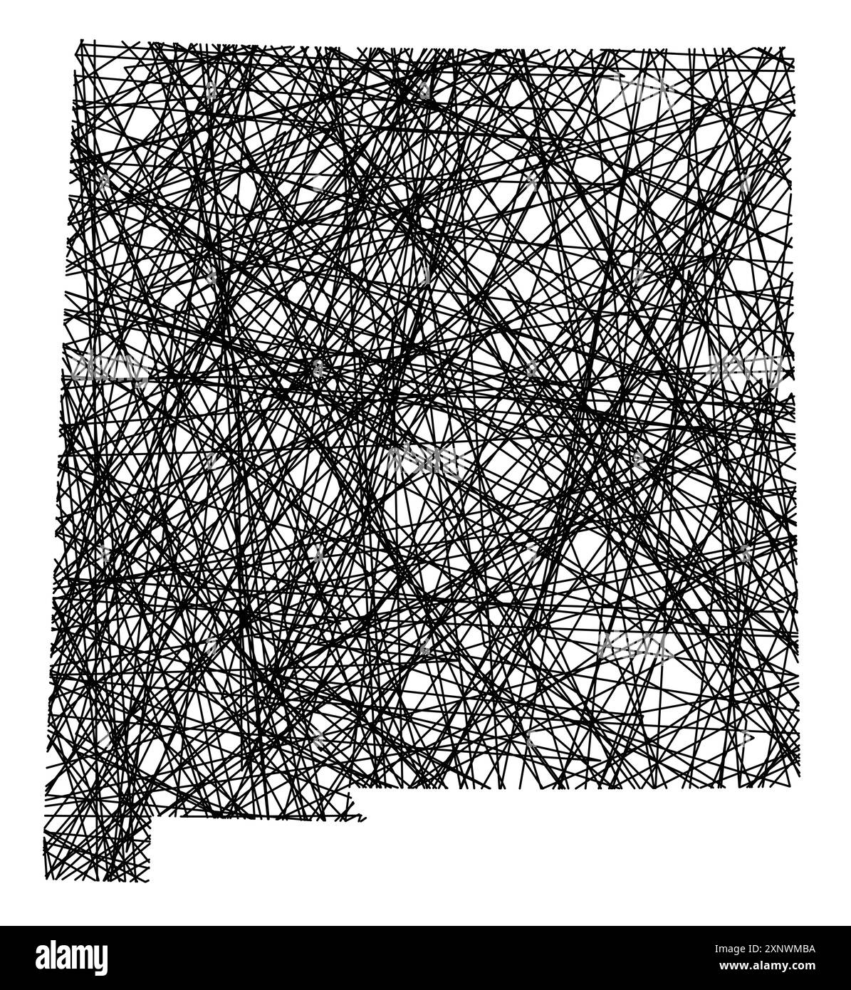 Symbolkarte des Bundesstaates New Mexico (USA), die den Bundesstaat mit schwarzen, kreuzenden Linien wie Mikado-Sticks oder einem Spinnennetz zeigt Stock Vektor