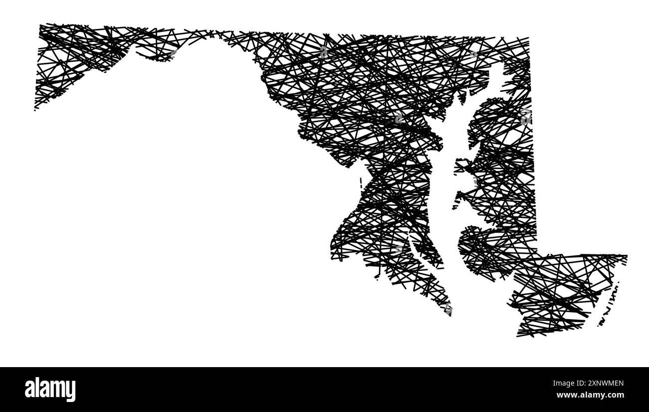 Symbolkarte des Bundesstaates Maryland (USA), die den Bundesstaat mit schwarzen, kreuzenden Linien wie Mikado-Sticks oder einem Spinnennetz zeigt Stock Vektor