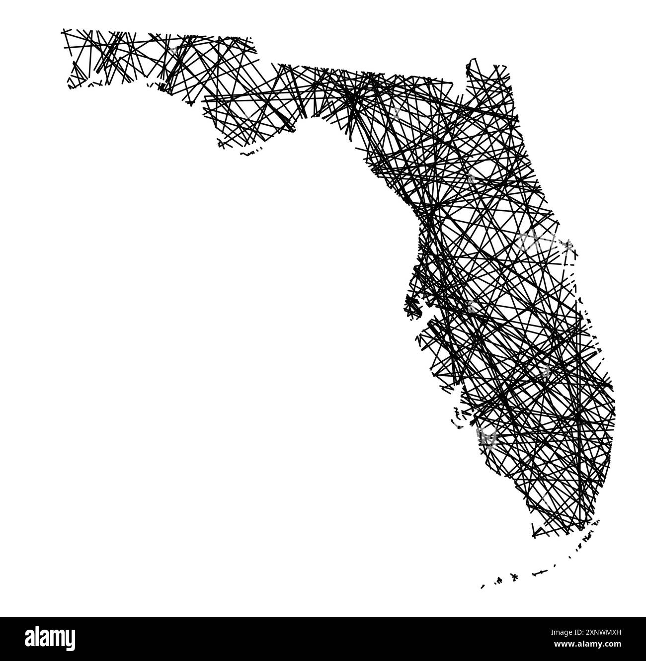 Symbolkarte des Bundesstaates Florida (USA), die den Bundesstaat mit schwarzen, kreuzenden Linien wie Mikado-Sticks oder einem Spinnennetz zeigt Stock Vektor