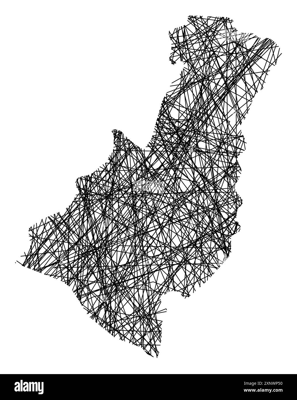Symbolkarte der Unitary Authority Gisborne District (Neuseeland), die den Staat mit schwarzen, kreuzenden Linien wie Mikado-Sticks oder einem Spinnennetz zeigt Stock Vektor
