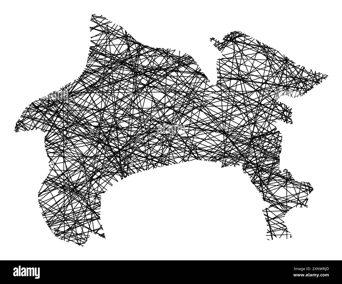 Symbolkarte der Präfektur Kanagawa (Japan), die den Staat mit schwarzen, kreuzenden Linien wie Mikado-Sticks oder einem Spinnennetz zeigt Stock Vektor