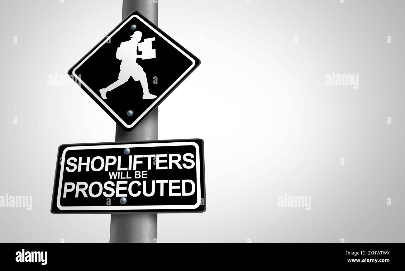 Ladendiebstahl und Ladendiebstahl als Einzelhandelskriminaldiebstahlproblem Raubüberfall in Ladendiebenen als kriminelles Geschäftskonzept eines Ladendiebstahls, der Merchandi stiehlt Stockfoto