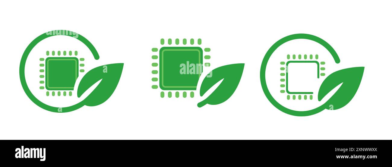 Grünes Symbol für den ECO-Prozessor für den Stromverbrauch des Mikroprozessor-Leaf-Chipsatzes im Rechenzentrum Stock Vektor