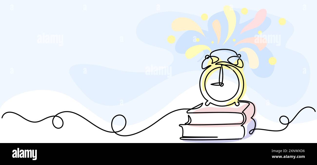 Bücher und Wecker in Wellenrahmen. Bildungs- und Lernkonzept. Stock Vektor