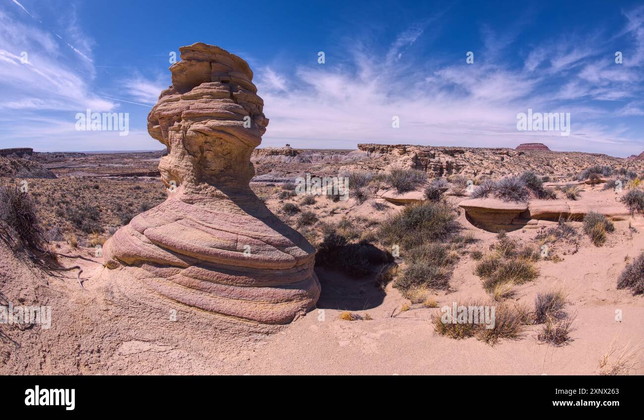 Ein Hoodoo namens Zuni Warrior am Rande einer Klippe nahe dem Hamilili Point, Hamilili ist Zuni, was versteinertes Holz bedeutet, versteinerter Wald Nationalpark Stockfoto