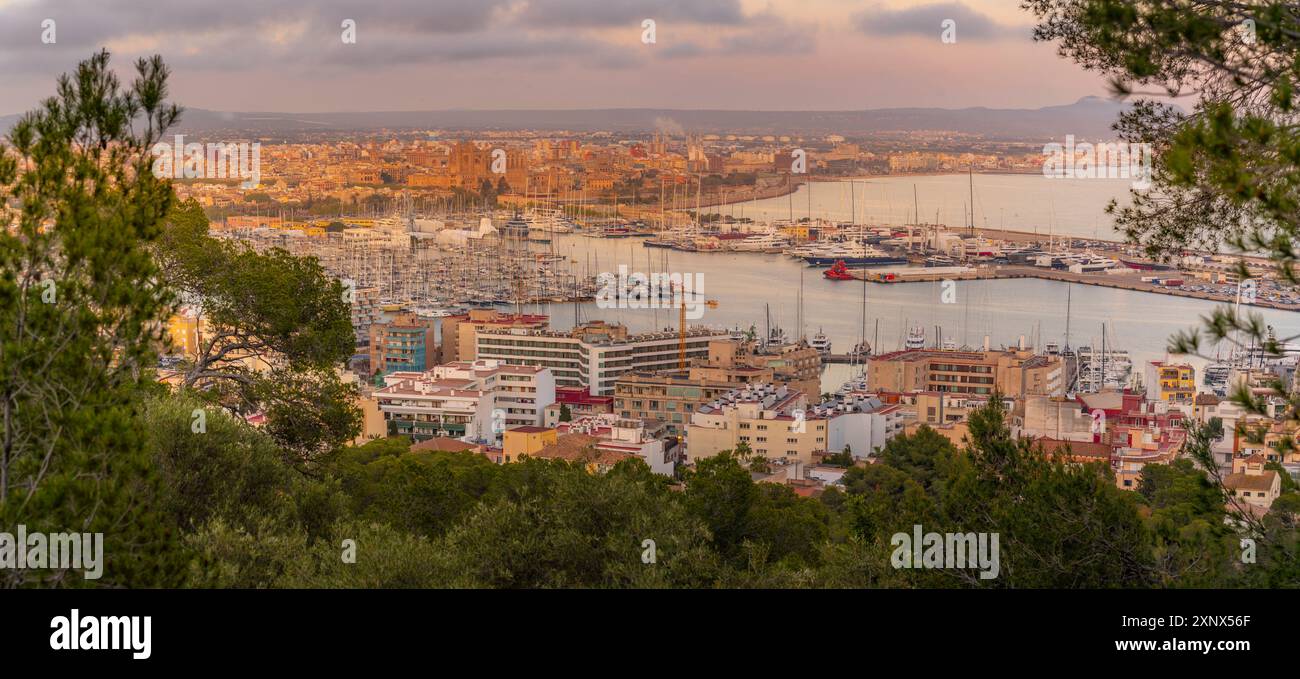 Blick auf die Skyline von Palma und die Kathedrale von Castell de Bellver bei Sonnenuntergang, Mallorca, Balearen, Spanien, Mittelmeer, Europa Stockfoto