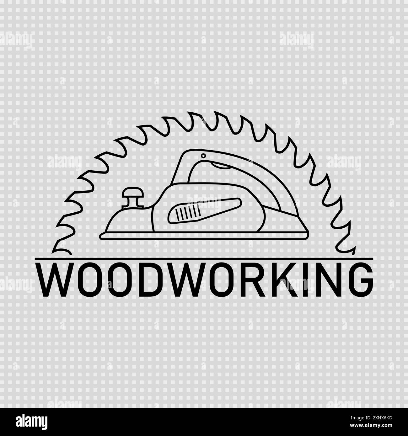 Logo für Holzbearbeitung. Elektrohobel mit Kreissägeblatt für Holz. Isolierte Vektorgrafik und Zeichnung auf transparentem Hintergrund mit Linie und Kontur. Stock Vektor