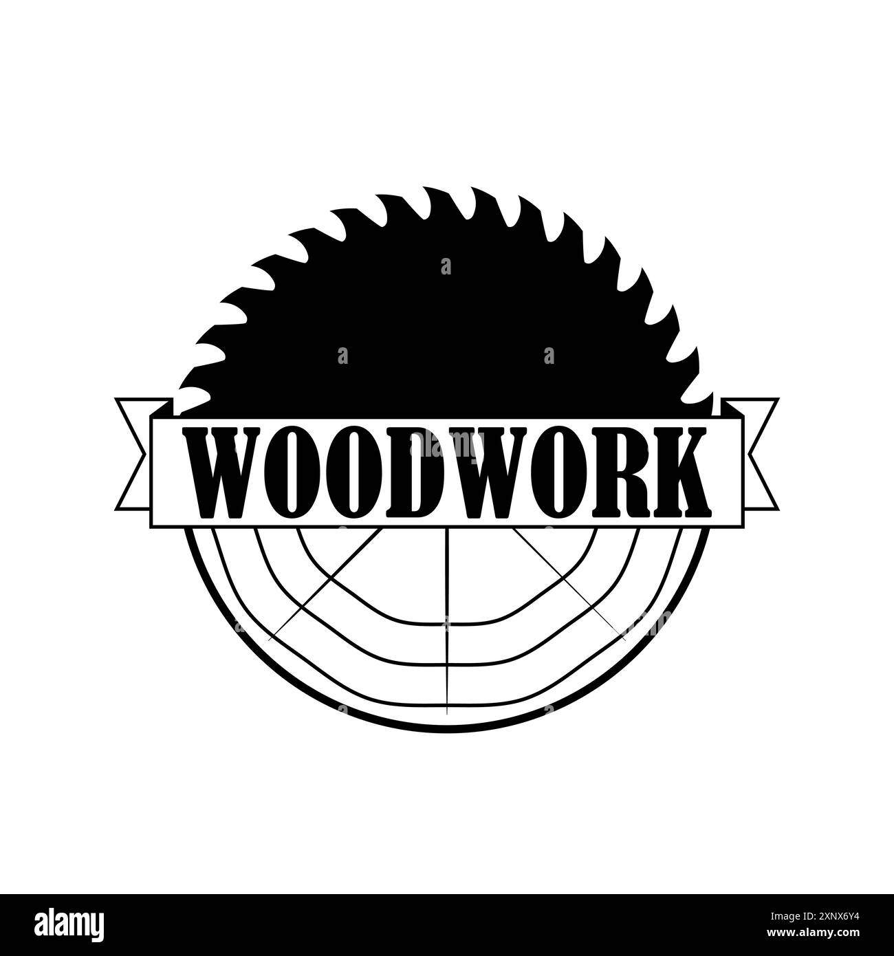 Logo aus Holzstamm und Kreissäge. Vektor für Tischlerei, Holzarbeiten, Holzfäller, Holzhandwerk, Sägewerkservice. Isoliertes Clipart auf weißem Hintergrund. Stock Vektor