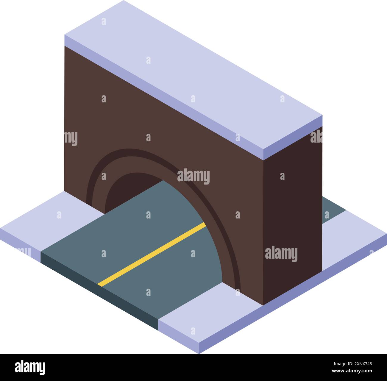 Isometrik einer mit Schnee bedeckten Steinbrücke über eine asphaltierte Straße Stock Vektor