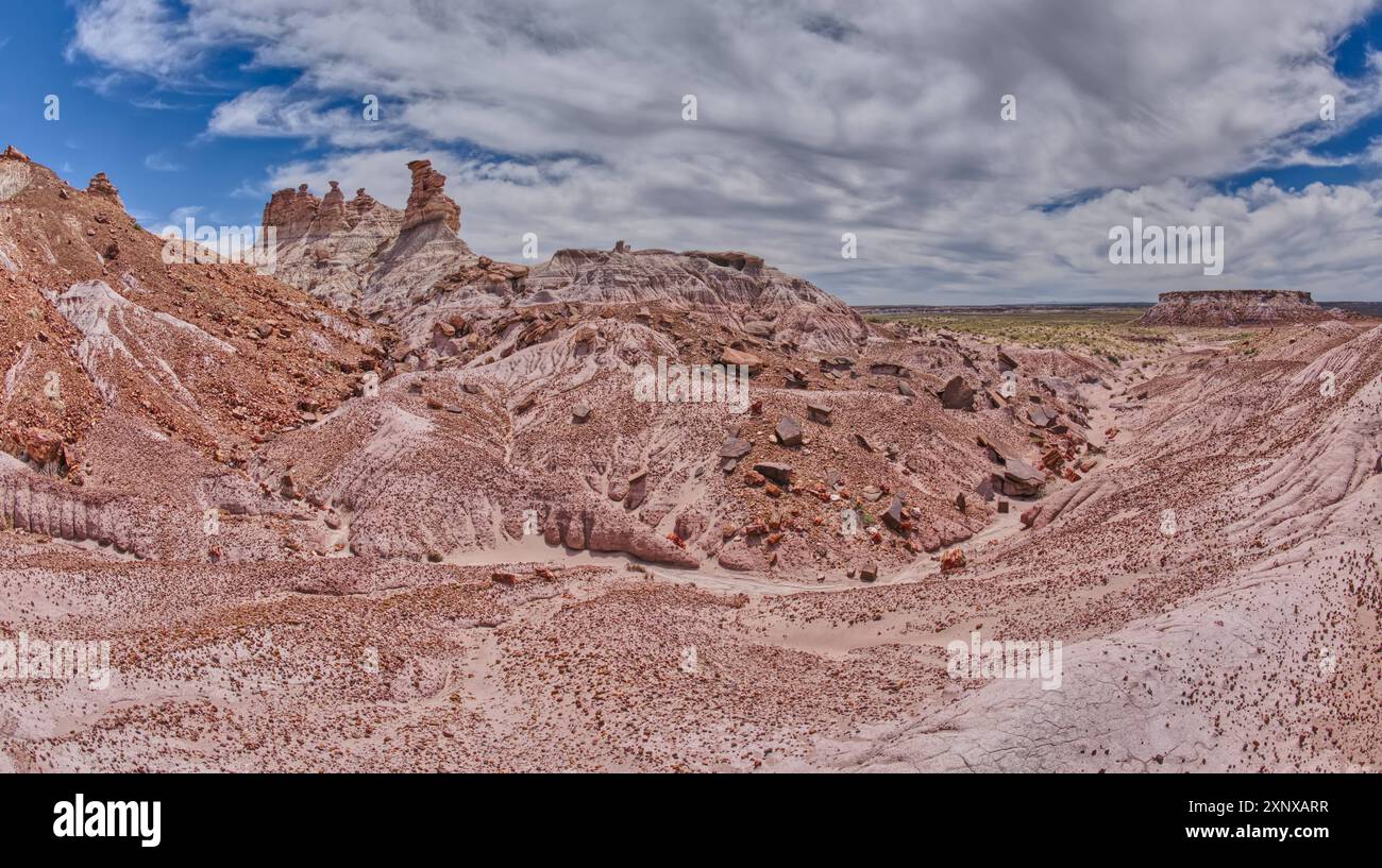 Hoodoo-Spitzen ragen über dem Tal unterhalb der Südseite von Blue Mesa im Petrified Forest National Park, Arizona, Vereinigte Staaten von Amerika, North am Stockfoto