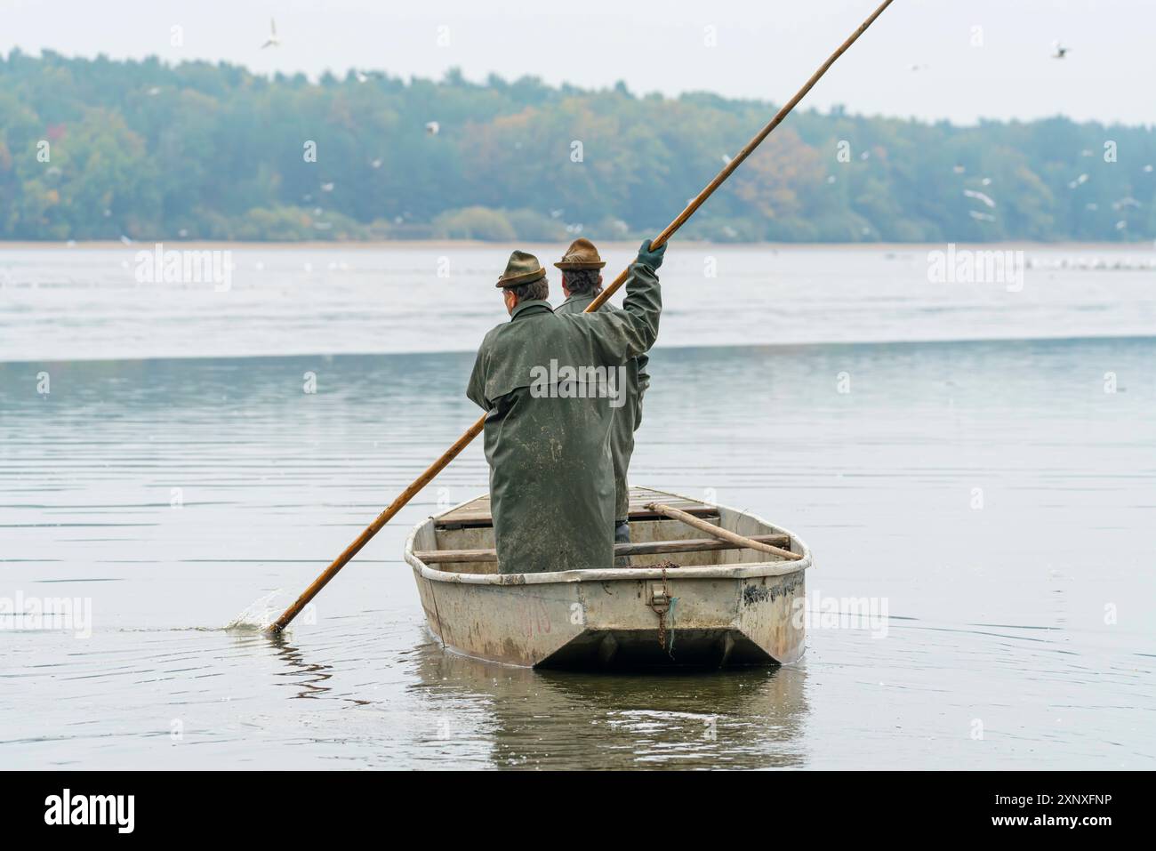 Zwei Fischer auf dem Boot, die sich auf die Fischernte vorbereiten, Rozmberk Teich, UNESCO Biosphäre, Trebon, Jindrichuv Hradec Bezirk, Südböhmische Region, Tschechische Re Stockfoto