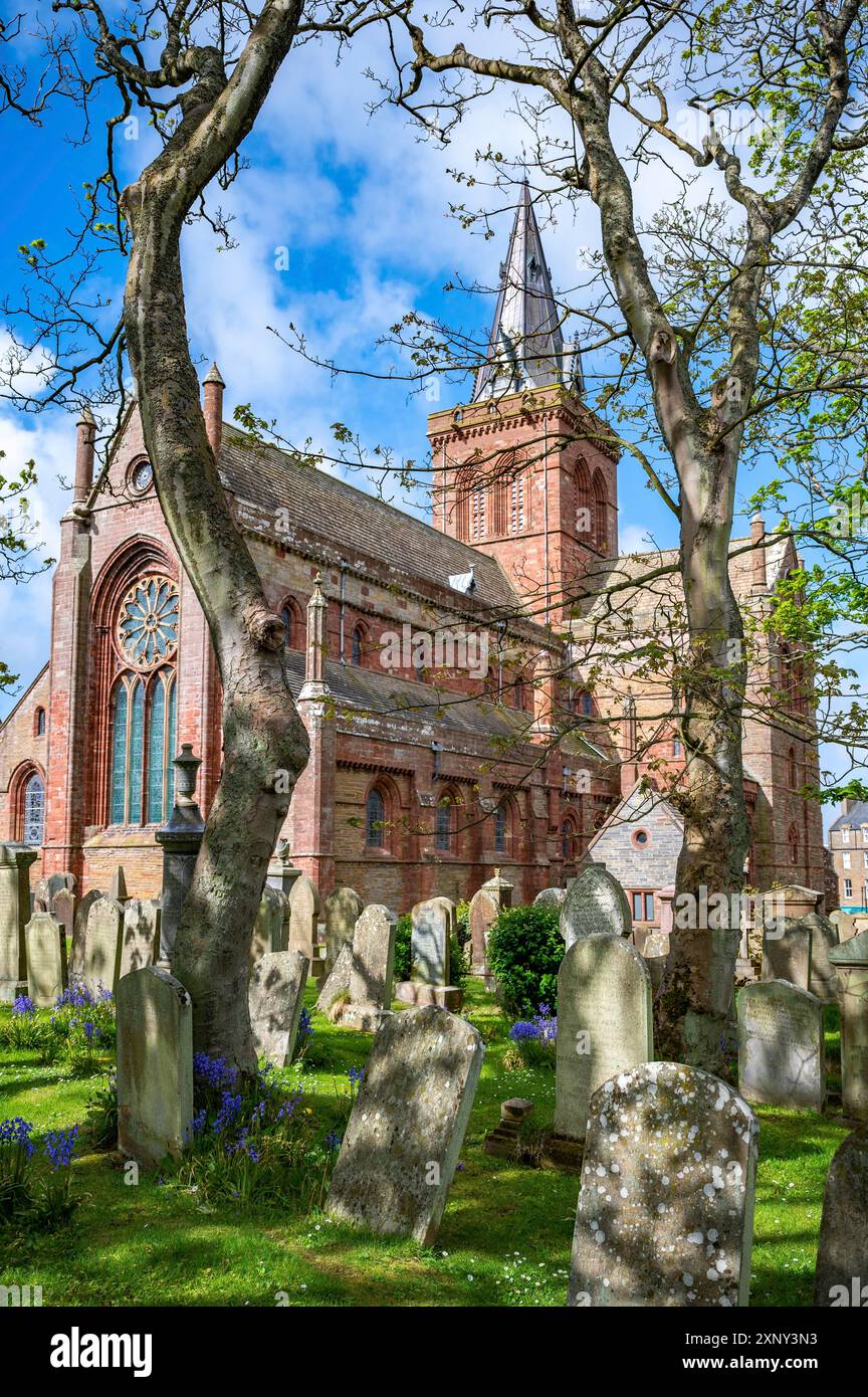 St. Magnus Cathedral in Kirkwall, Schottland, mit Grabsteinen vor dem Gebäude, vertikale Aufnahme Stockfoto