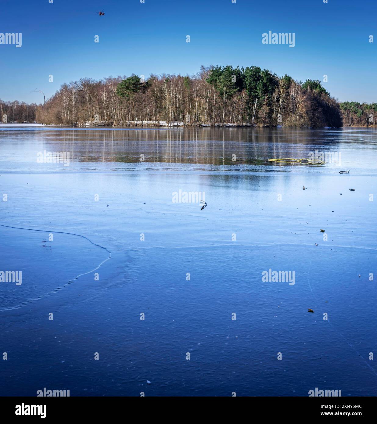 Ein Spaziergang im Naherholungsgebiet Sechs Seen Platte in Duisburg Wedau an einem sonnigen und kalten Wintertag Stockfoto