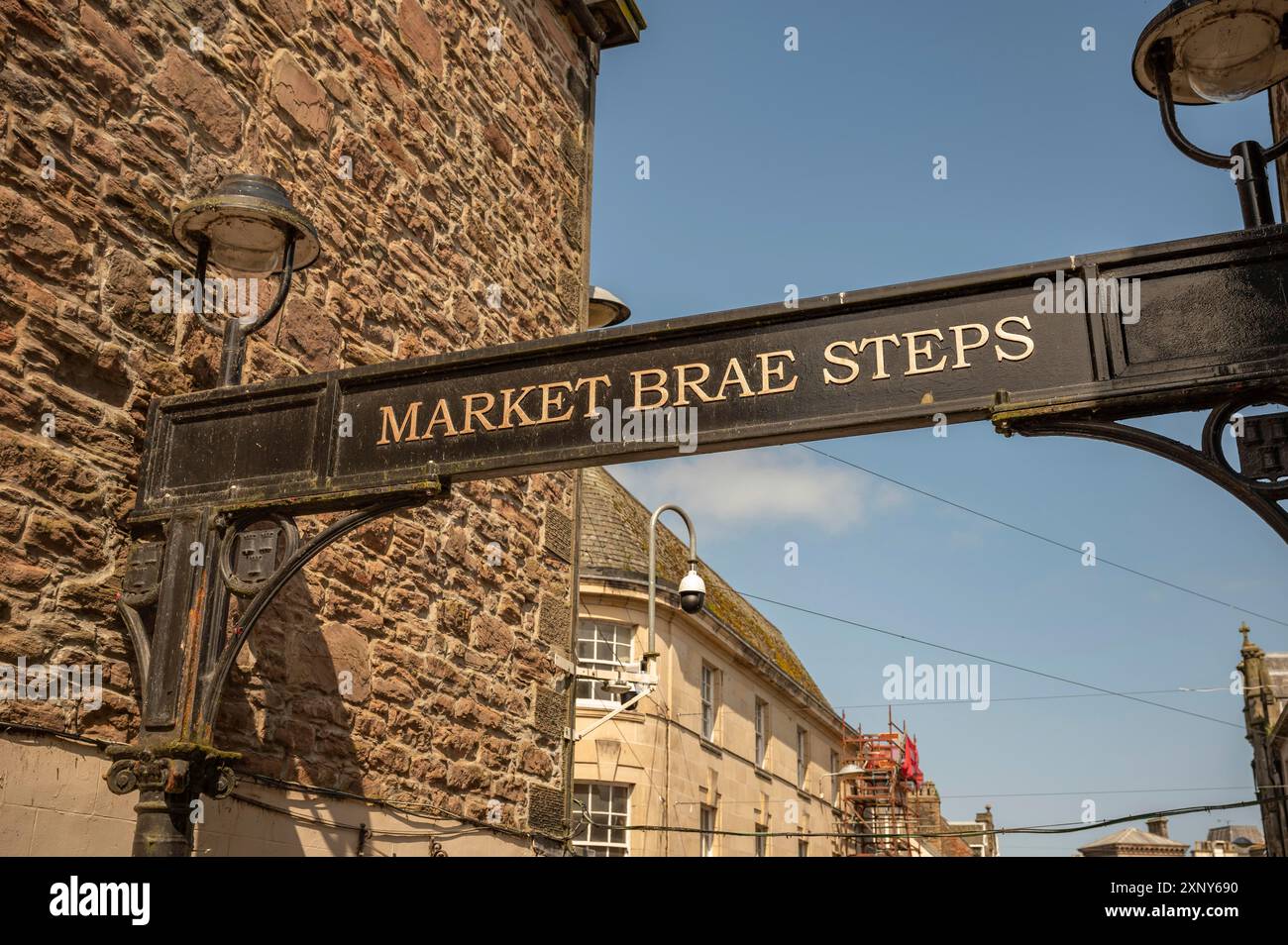 Close-up Market Brae Steps Schild in Invergordon, Schottland, Großbritannien Stockfoto