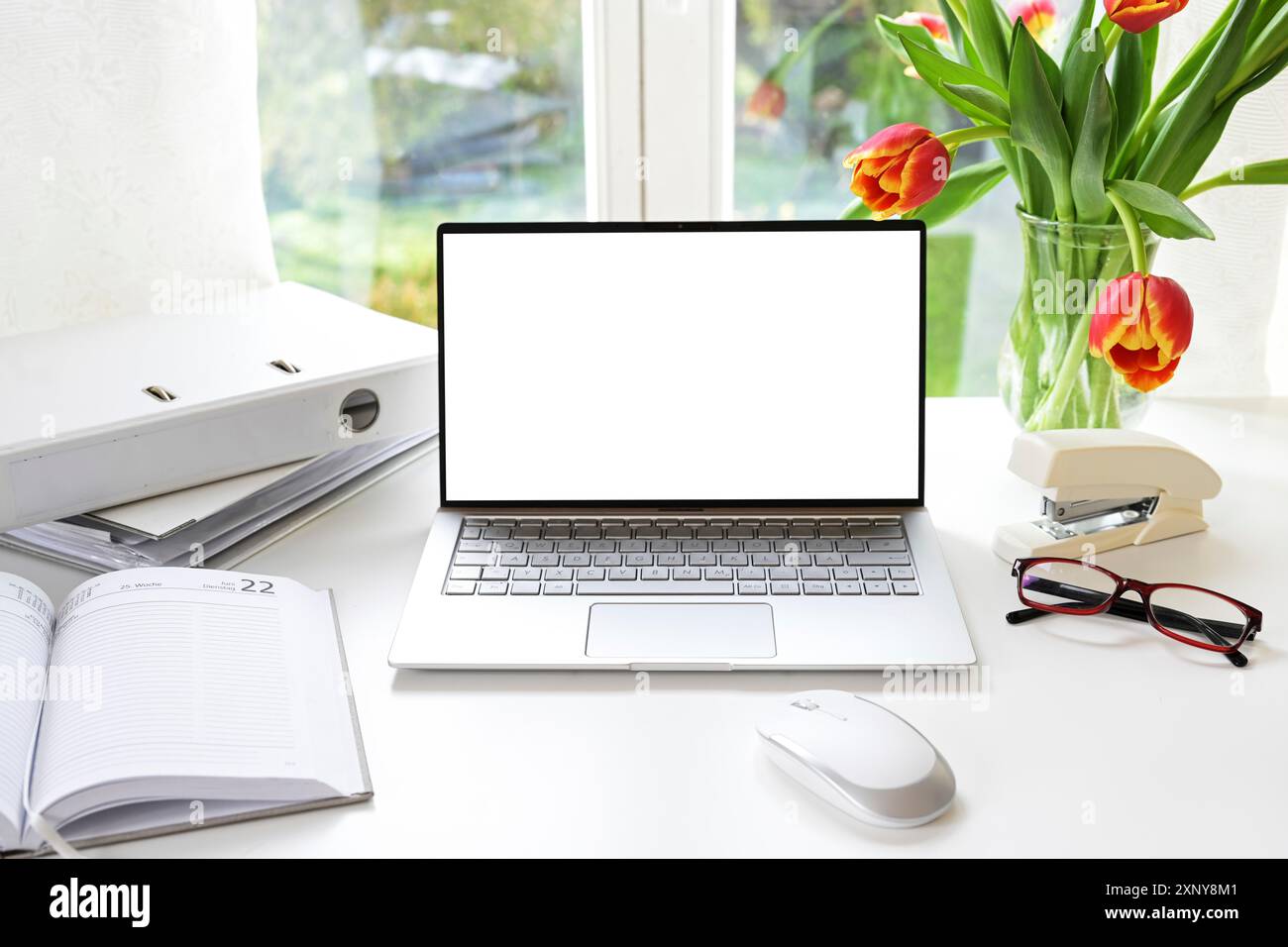 Weißer Büroarbeitsplatz am Fenster, Laptop mit leerem Bildschirm, Tulpenstrauß und Zubehör auf dem Schreibtisch zu Hause, Mock-up, Kopierraum, ausgewählter Fokus Stockfoto