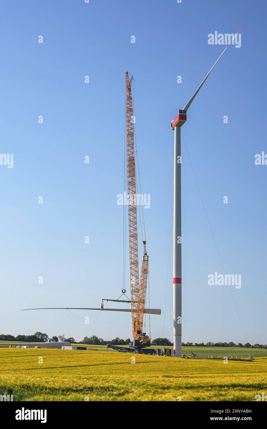 Riesige Baustelle für eine Windturbine, Kran hebt das zweite Blatt, um es auf dem Turm zu installieren, Schwerindustrie für erneuerbare Energien in A Stockfoto