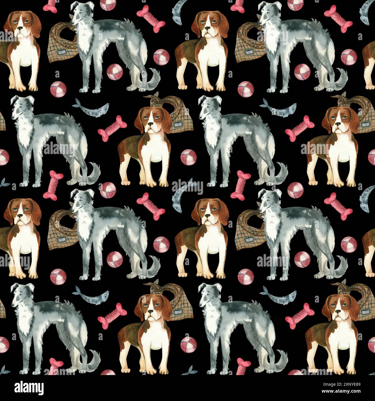 Hunde verschiedener Rassen, Haustiere mit Ball, Halsband, Knochen und Leine, die in Aquarellfarben handgezeichnet sind. Nahtloses Aquarellmuster. Geeignet zum Bedrucken auf Fab Stockfoto