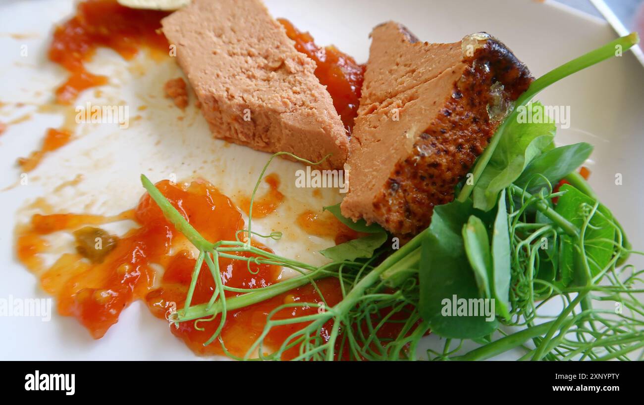 Schweinefleisch und Entenleber Pastete mit Chutney und Salat Stockfoto