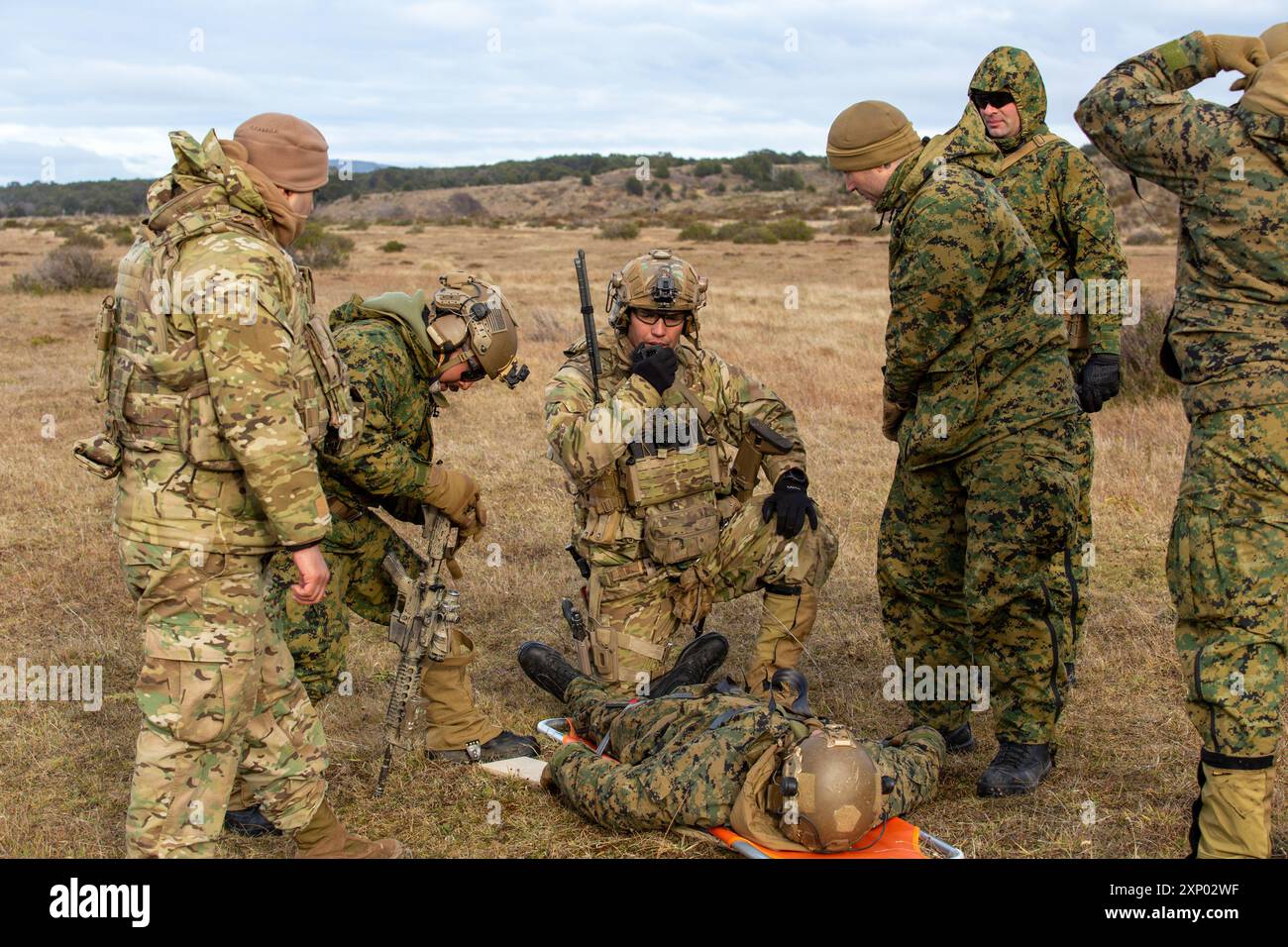 Infanteria de Marina Chile (chilenisches Marine Corps) Teniente (Leutnant) Fernando Gomez fordert am 24. Juli 2024 eine simulierte Evakuierung von Toten in Puerta Harris, Chile. US-amerikanische und chilenische Marinesoldaten führten Schulungen durch, um das Kaltwetter-Langentraining, Bergsteigen und Habitatbau zu umfassen, um das Feldgeschehen zu verbessern, die kombinierten Task Force-Operationen zu verbessern und das Verständnis der wechselseitigen Taktiken, Techniken und Verfahren für kaltes Wetter zu verbessern, um eine sichere, freie und wohlhabende westliche Hemisphäre zu unterstützen. (Foto des U.S. Marine Corps von Sgt. Gabriel Durand) Stockfoto