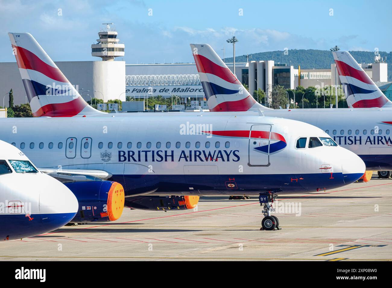 Flotte geparkter Flugzeuge, Flughafen Palma, Mallorca, Balearen, Spanien Stockfoto