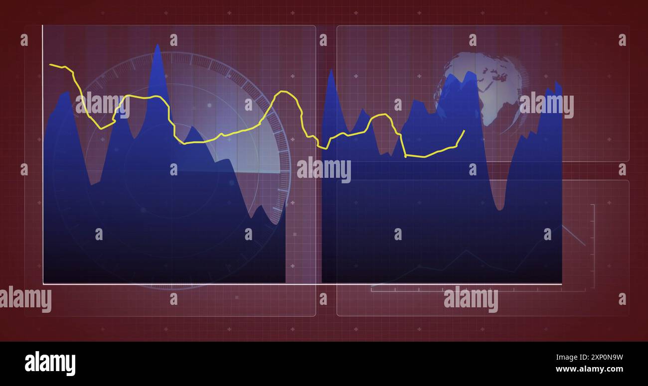 Finanzdaten und globale Statistiken werden auf Weltkarten und Diagrammen dargestellt Stockfoto