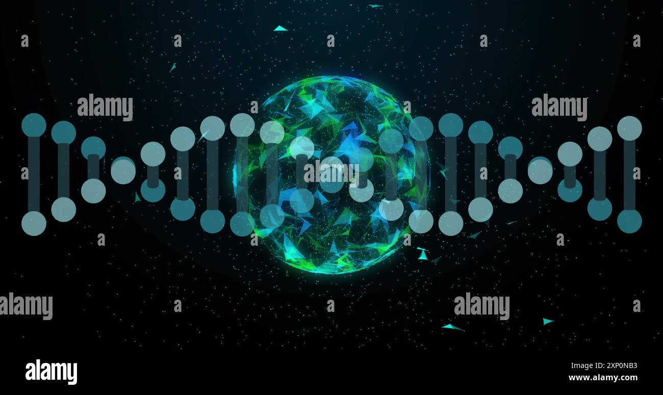DNA-Strangbild über rotierendem Globus mit leuchtenden Partikeln Stockfoto