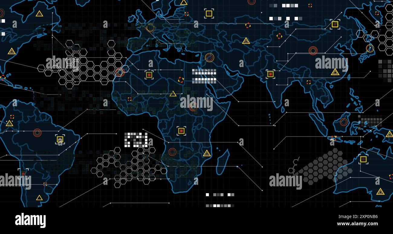 Bild der Datenverarbeitung und Weltkarte über dunklem Hintergrund Stockfoto