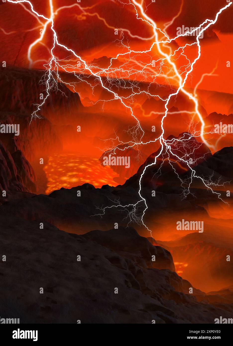 Elektrischer Sturm über vulkanischer Strömung, konzeptuelle Illustration. Stockfoto