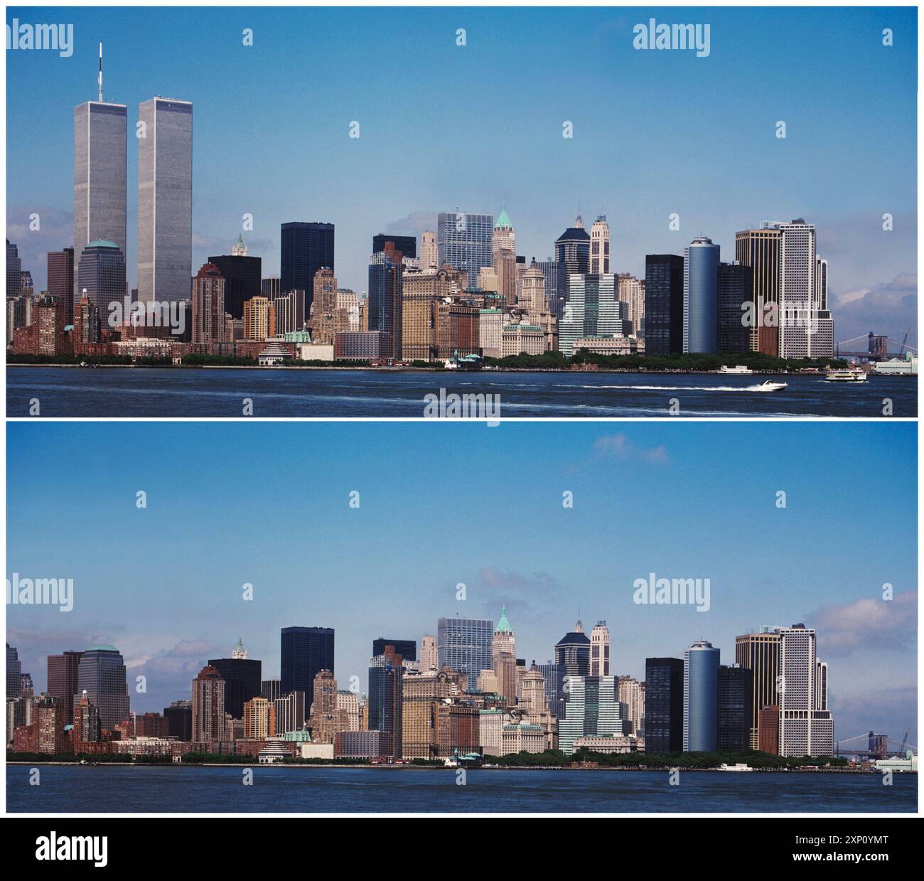 Skyline von Lower Manhattan, New York City, USA, vor und nach dem 11. September. Stockfoto