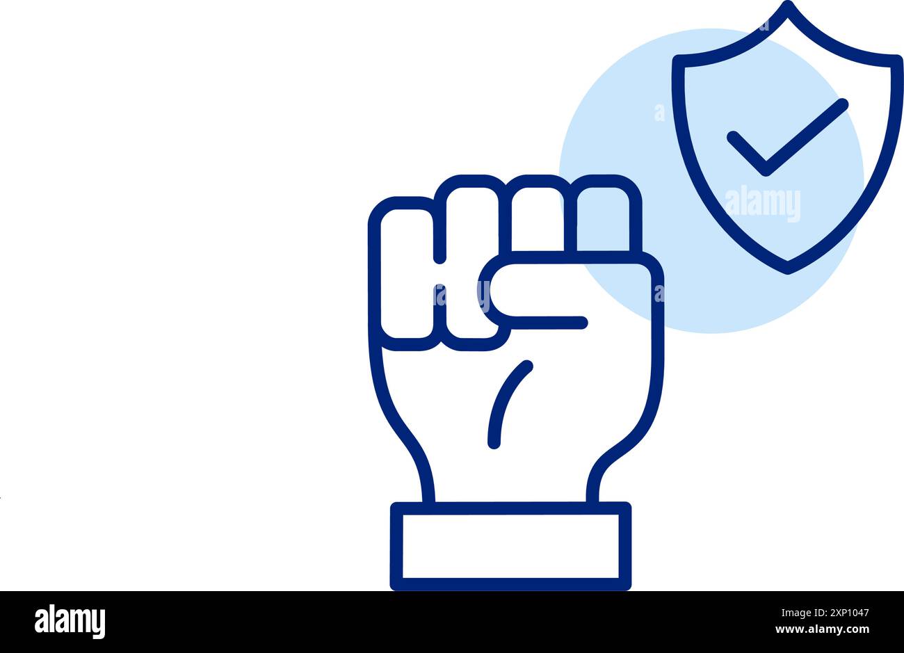 Die Faust hochgehoben und der Sicherheitsschild mit Häkchen. Starke Abwehr, erhöhter Schutz. Symbol für Pixelperfekte, bearbeitbare Kontur Stock Vektor