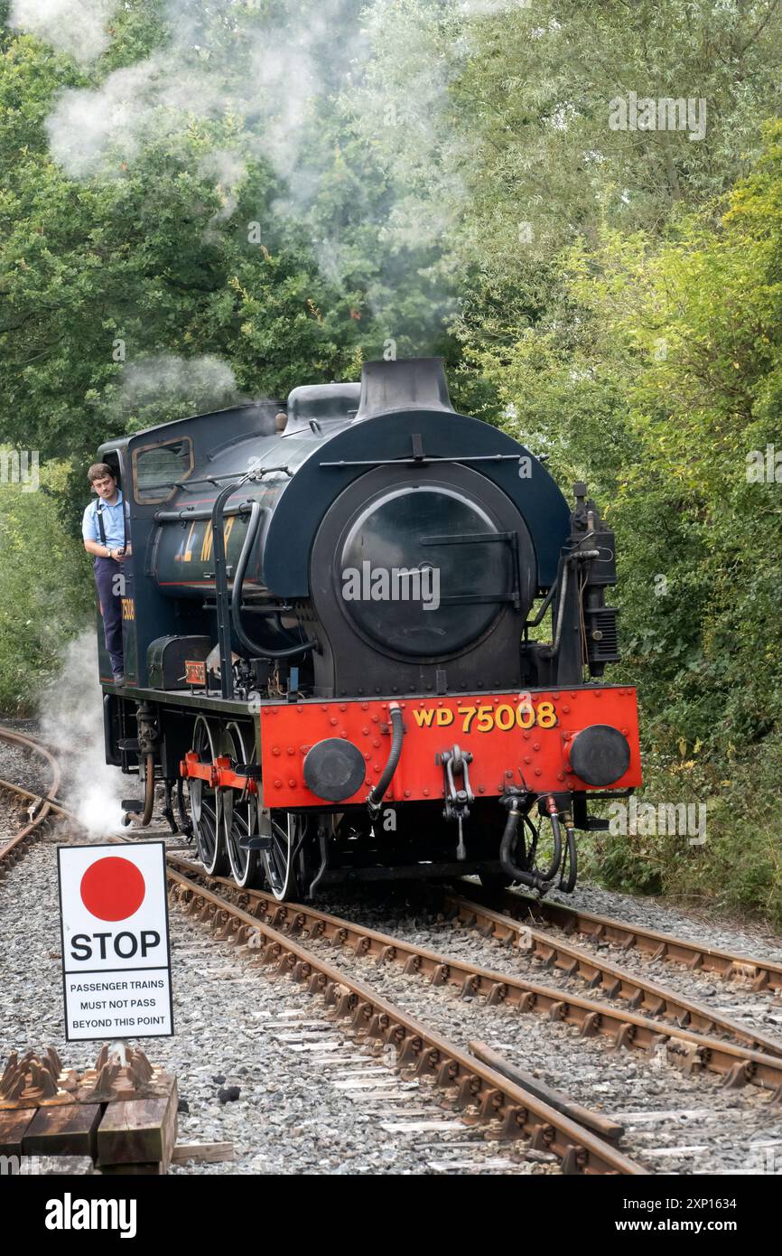 Dampflokomotive „Swiftsure“ WD-Klasse WD75008 für die Kent and East Sussex Heritage Railway, die von Tenterden nach Bodium fährt Stockfoto